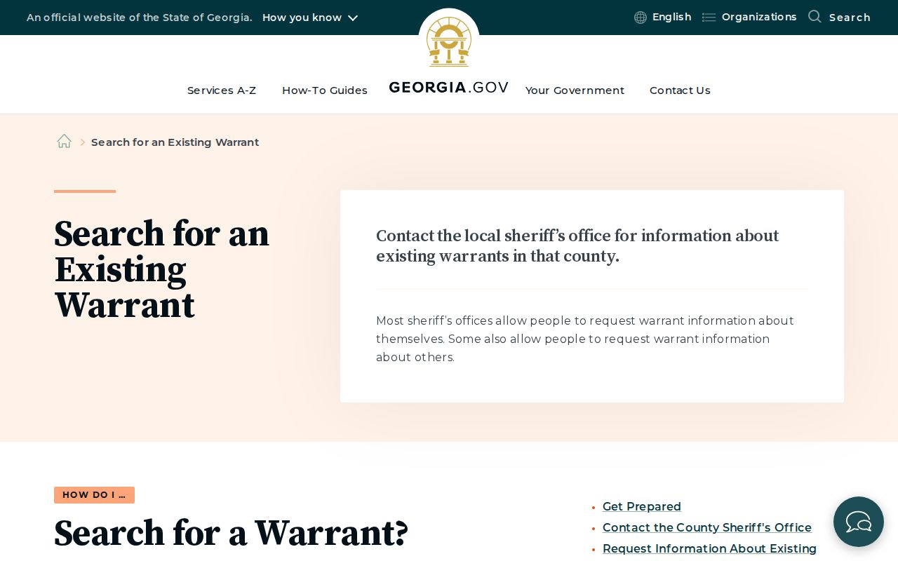 Georgia government guidance directing warrant inquiries to a local sheriff