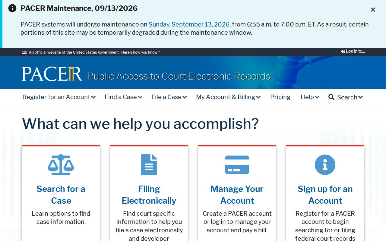 PACER public information page without a paid search result